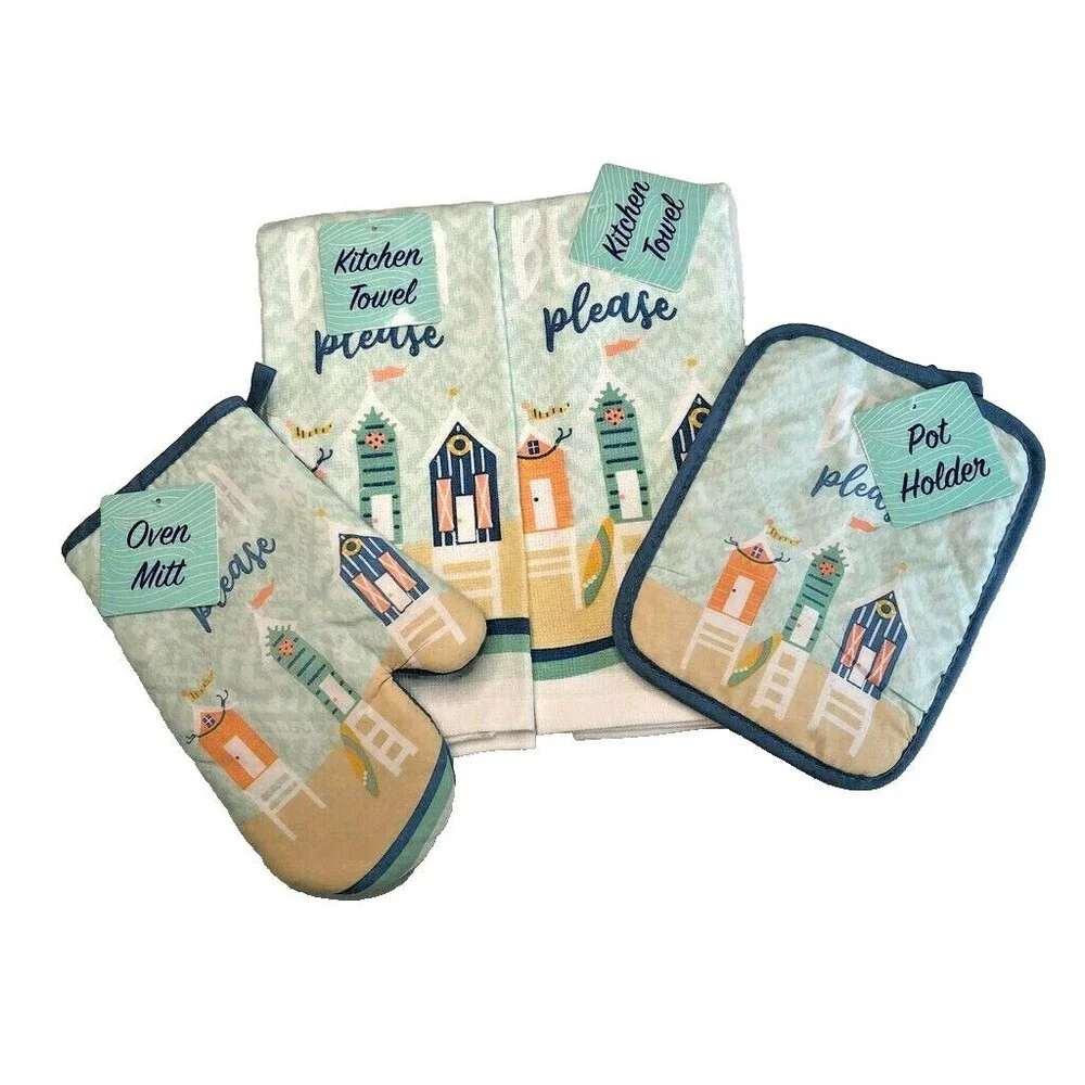 Beach Please Kitchen Towels Oven Mitt Potholder Set of 4 Cabana Summer Coastal